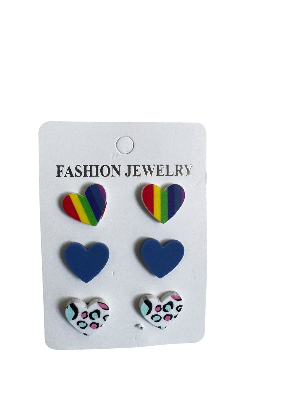 Heart Stud Earring Set - Rainbow, Blue & Leopard Print